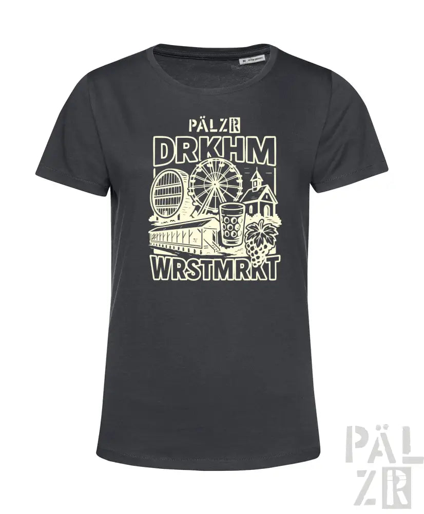 Dunkelgraues Bio-Baumwoll-T-Shirt mit Grafikdesign, das ein Riesenrad, eine Achterbahn und ein Bierkrug zeigt.