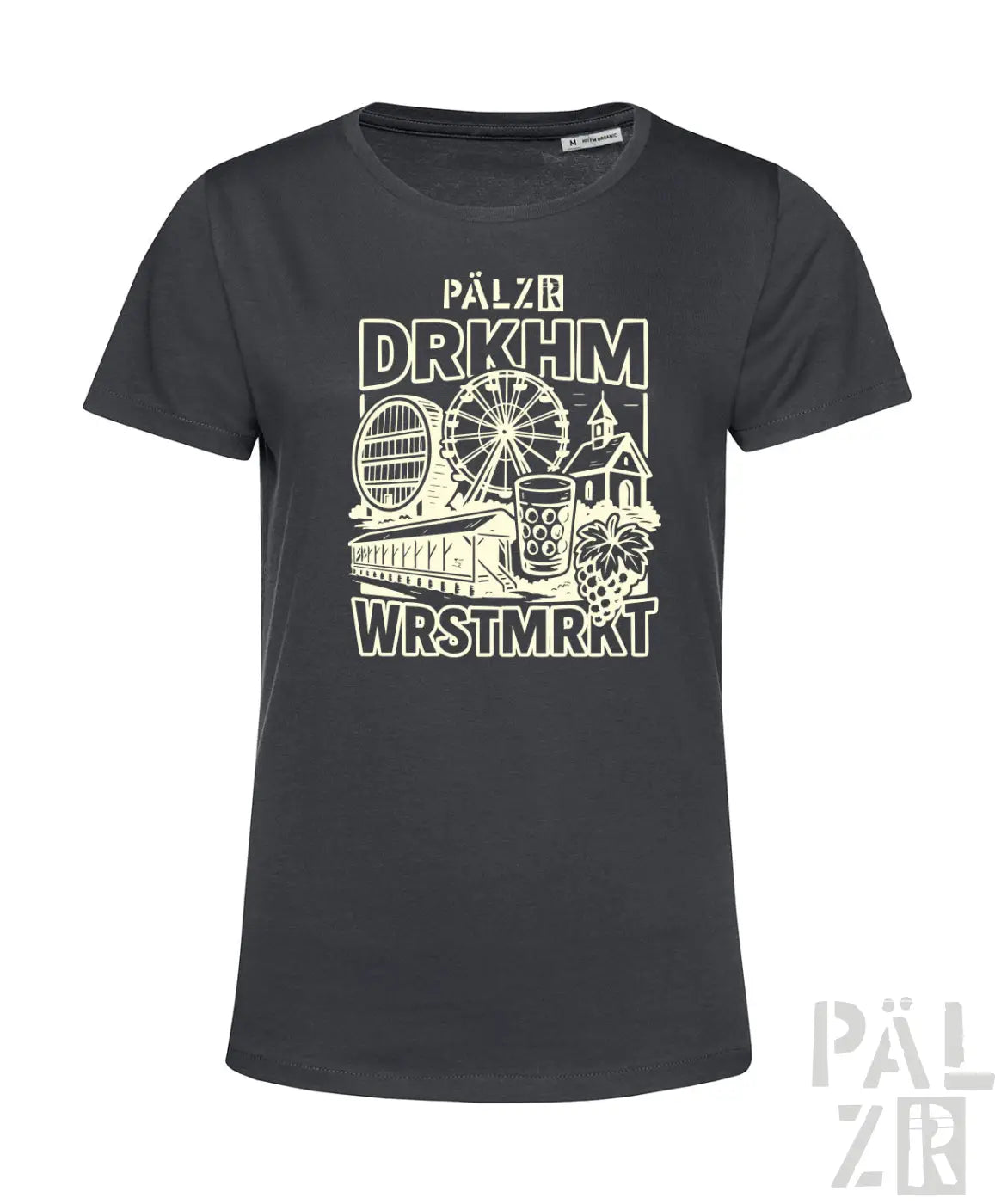 Dunkelgraues Bio-Baumwoll-T-Shirt mit Grafikdesign, das ein Riesenrad, eine Achterbahn und ein Bierkrug zeigt.