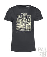 Dunkelgraues Bio-Baumwoll-T-Shirt mit Grafikdesign, das ein Riesenrad, eine Achterbahn und ein Bierkrug zeigt.
