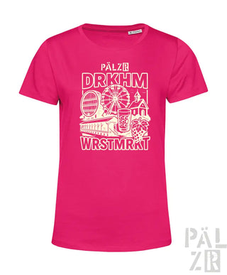 Rosa T-Shirt mit Grafikdesign, das Elemente eines Vergnügungsparks und den Text ’pälzr’ in Weiß zeigt.