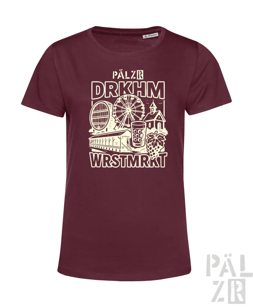 Bordeaux-Farbenes T-Shirt mit Grafikdesign, das ein Riesenrad und ein Bierkrug zeigt, aus Baumwolle gefertigt.