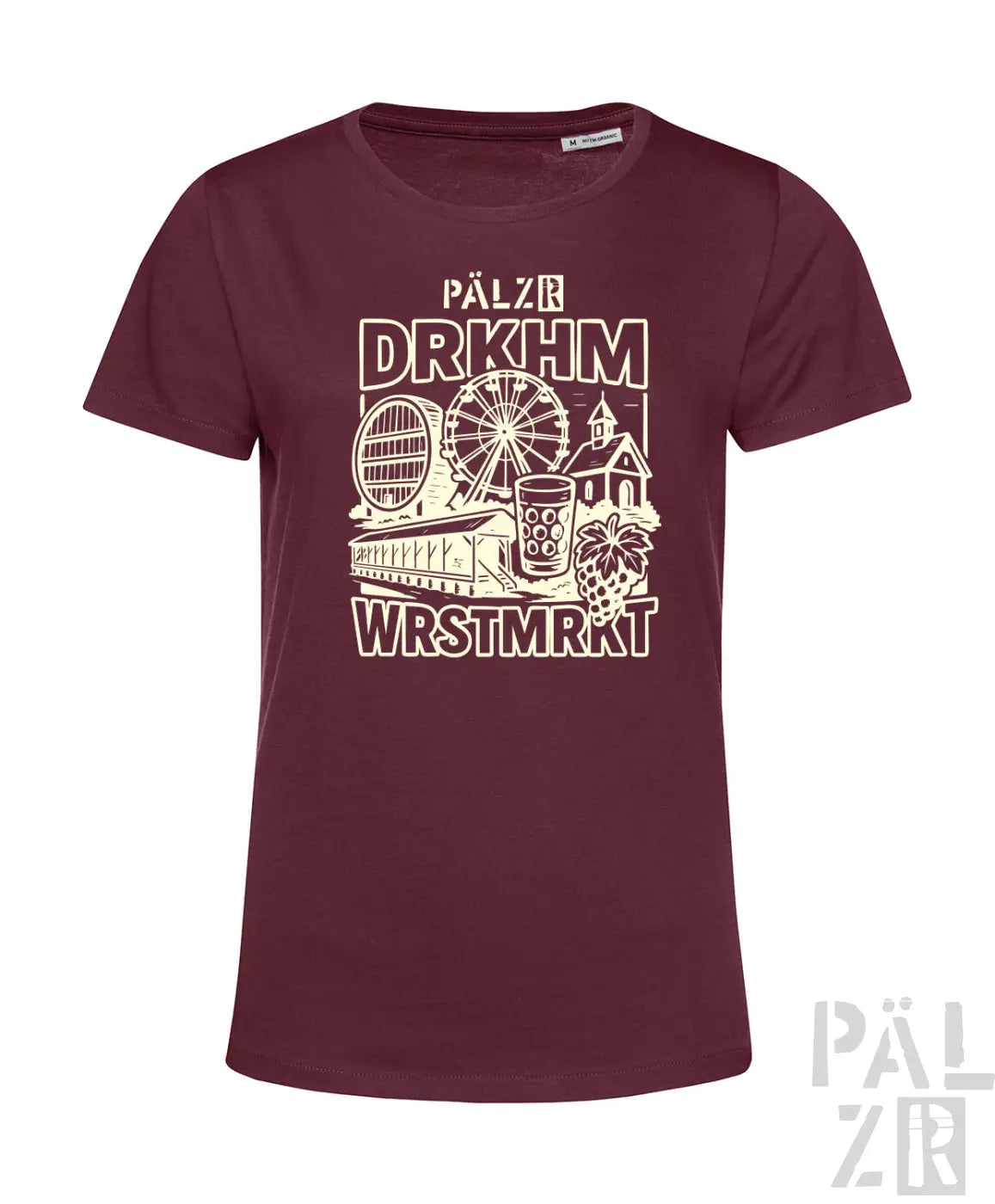 Bordeaux-Farbenes T-Shirt mit Grafikdesign, das ein Riesenrad und ein Bierkrug zeigt, aus Baumwolle gefertigt.