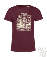 Bordeaux-Farbenes T-Shirt mit Grafikdesign, das ein Riesenrad und ein Bierkrug zeigt, aus Baumwolle gefertigt.
