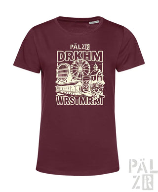 Bordeaux-Farbenes T-Shirt mit Grafikdesign, das ein Riesenrad und ein Bierkrug zeigt, aus Baumwolle gefertigt.