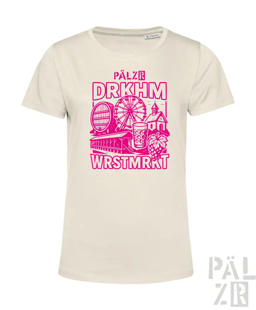 Cremeweißes T-Shirt mit pinkem Grafikdesign, das ein Riesenrad, eine Brauereiszene und ein Bierglas zeigt.