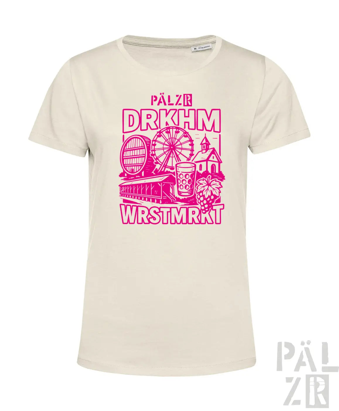 Cremeweißes T-Shirt mit pinkem Grafikdesign, das ein Riesenrad, eine Brauereiszene und ein Bierglas zeigt.
