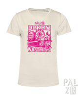Cremeweißes T-Shirt mit pinkem Grafikdesign, das ein Riesenrad, eine Brauereiszene und ein Bierglas zeigt.