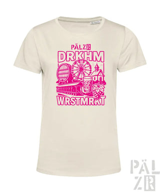 Cremeweißes T-Shirt mit pinkem Grafikdesign, das ein Riesenrad, eine Brauereiszene und ein Bierglas zeigt.