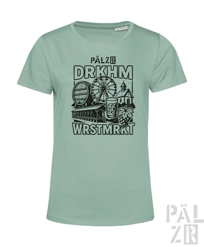 Mintgrünes T-Shirt mit Grafikdesign, das ein Riesenrad, ein Bierkrug und Hopfen zeigt.
