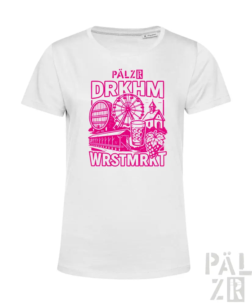 Weißes T-Shirt mit pinkem Grafikdesign, das ein Riesenrad, Windmühle und Trauben zeigt.