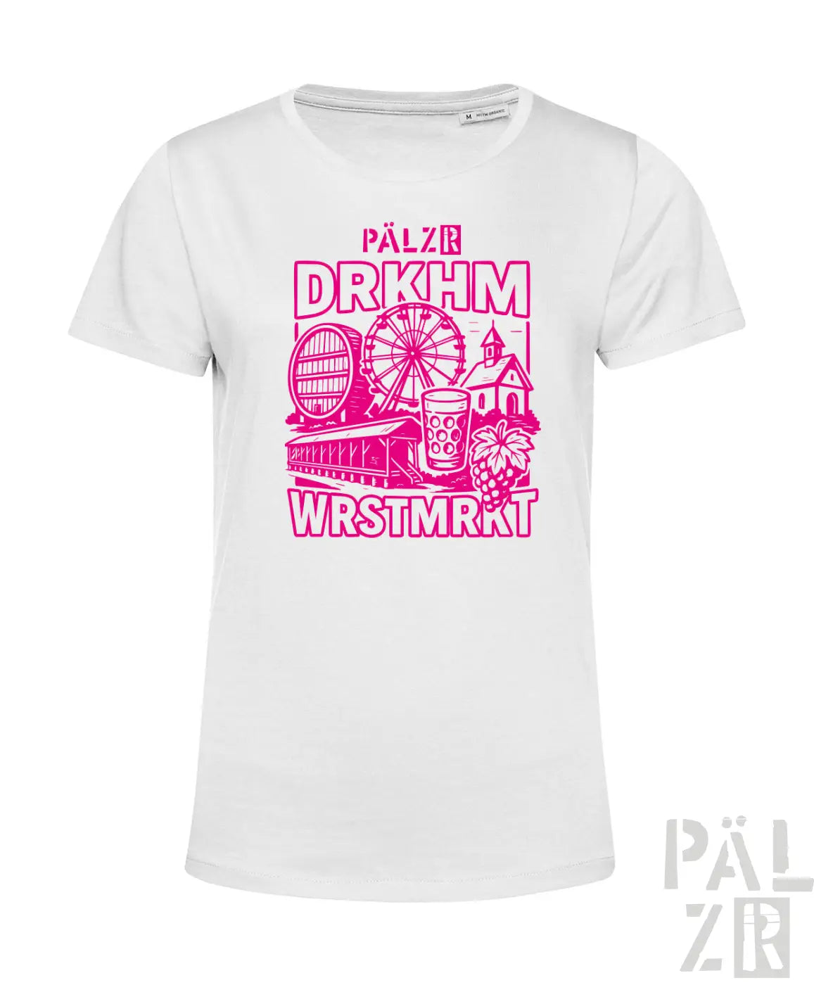 Weißes T-Shirt mit pinkem Grafikdesign, das ein Riesenrad, Windmühle und Trauben zeigt.