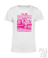 Weißes T-Shirt mit pinkem Grafikdesign, das ein Riesenrad, Windmühle und Trauben zeigt.