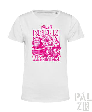 Weißes T-Shirt mit pinkem Grafikdesign, das ein Riesenrad, Windmühle und Trauben zeigt.