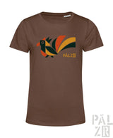 Braunes frauen kurzarmshirt mit farbigem geometrischem elwetritsche vogelmotiv und pälzr logo in orange gelb grün