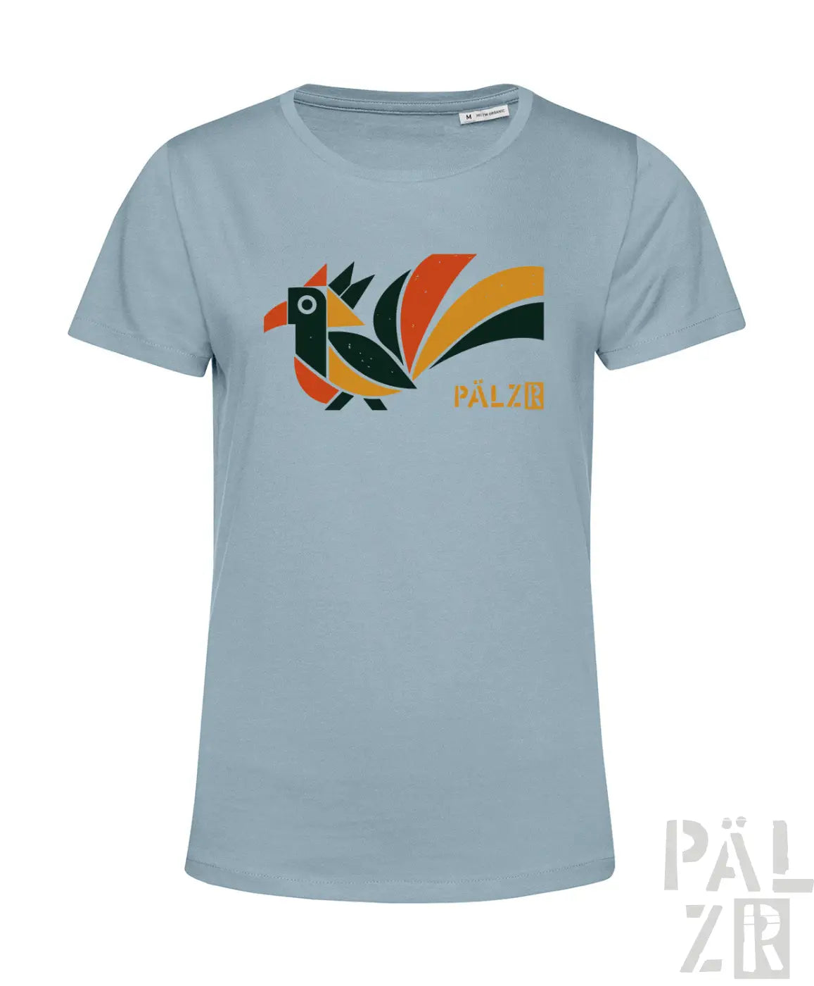 Frauen t-shirt elwetritsche in hellblau mit buntem vogelgrafik in orange gelb schwarz und markenname pälz