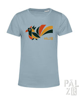 Frauen t-shirt elwetritsche in hellblau mit buntem vogelgrafik in orange gelb schwarz und markenname pälz