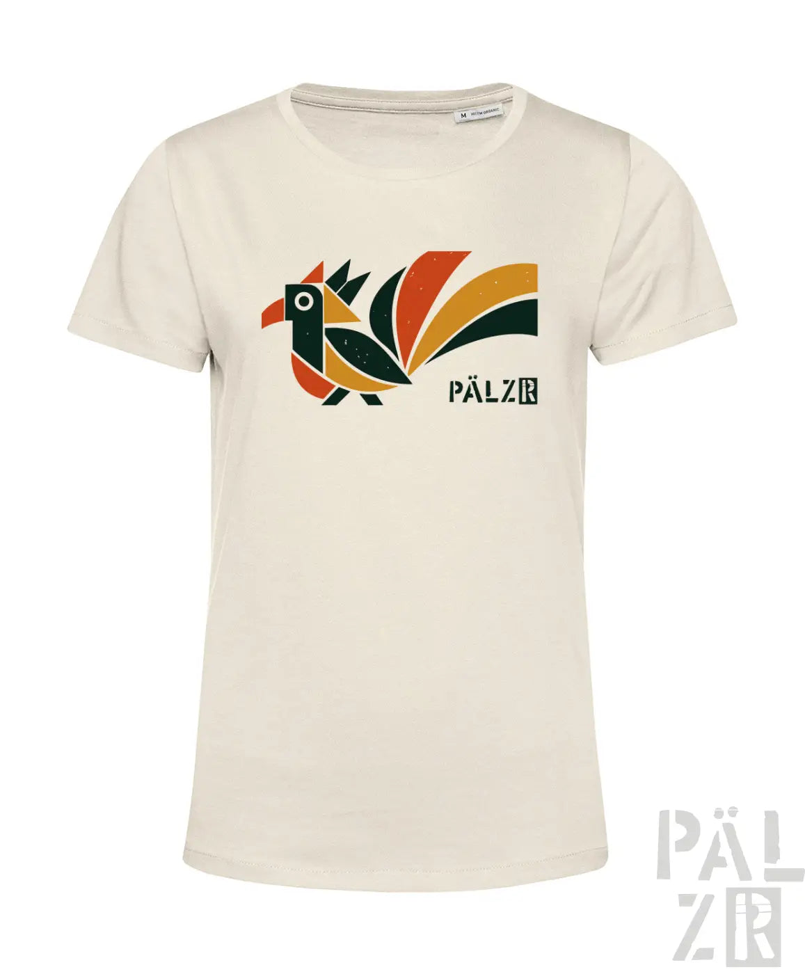 Frauen t-shirt aus baumwolle in creme mit buntem elwetritsche vogelmotiv und pälz markenname in verschiedenen farben