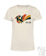Frauen t-shirt aus baumwolle in creme mit buntem elwetritsche vogelmotiv und pälz markenname in verschiedenen farben