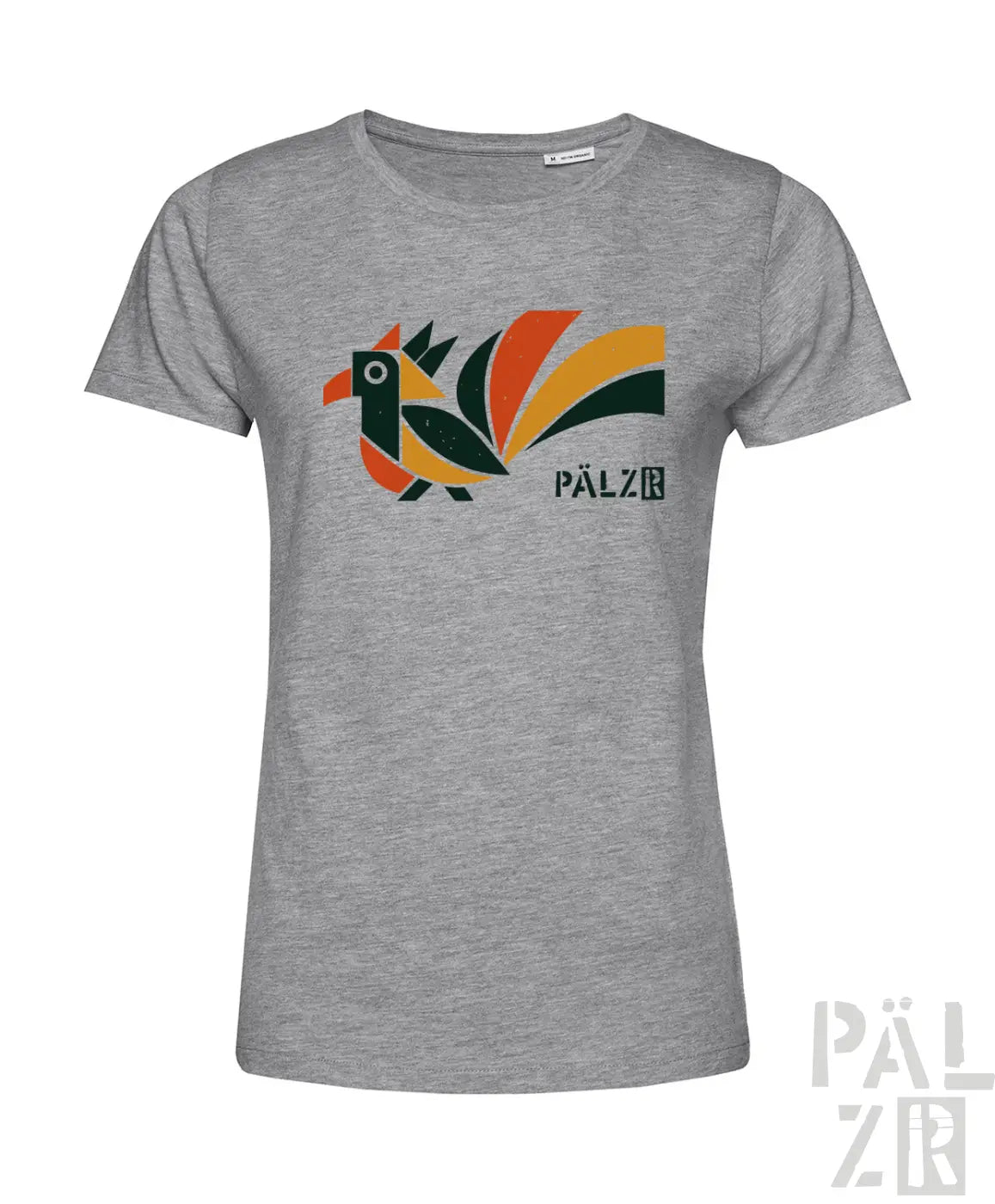 Graues meliertes frauen t-shirt mit buntem stylisiertem vogel in orange gelb grün und pälz markenname