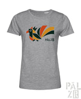 Graues meliertes frauen t-shirt mit buntem stylisiertem vogel in orange gelb grün und pälz markenname