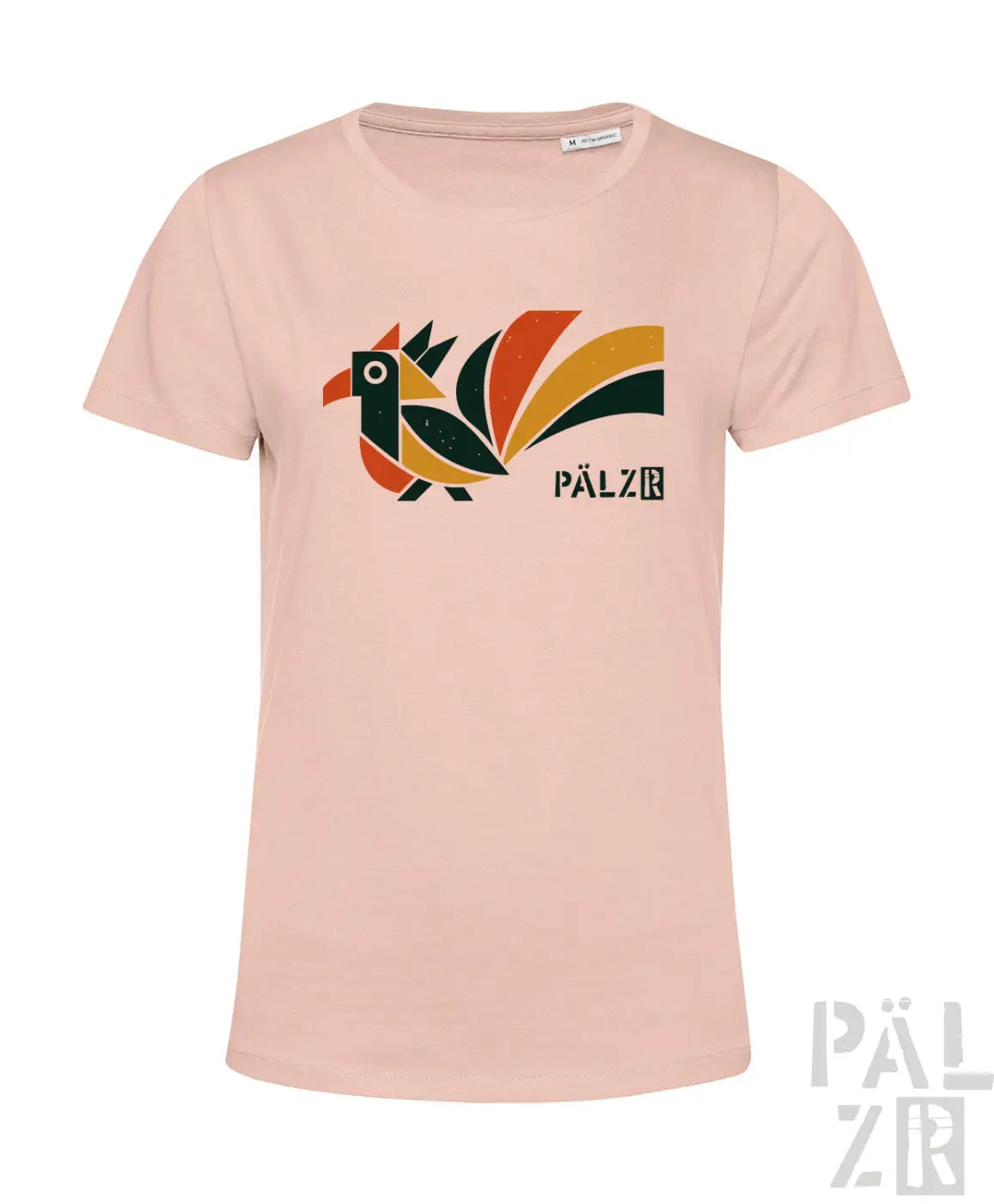 Weiches rosa frauen t-shirt mit buntem stilisiertem vogelmotiv und pälz markenname verschiedene farben