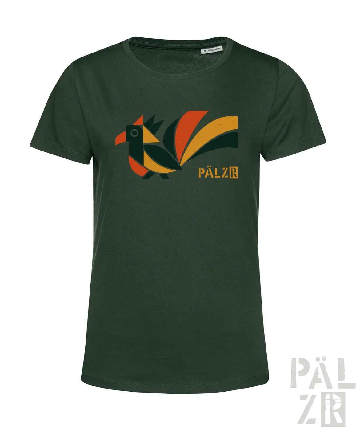 Dunkelgrünes kurzarm damen t-shirt mit stilisiertem geometrischem vogel in orange gelb schwarz und pälz logo
