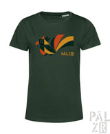 Dunkelgrünes kurzarm damen t-shirt mit stilisiertem geometrischem vogel in orange gelb schwarz und pälz logo