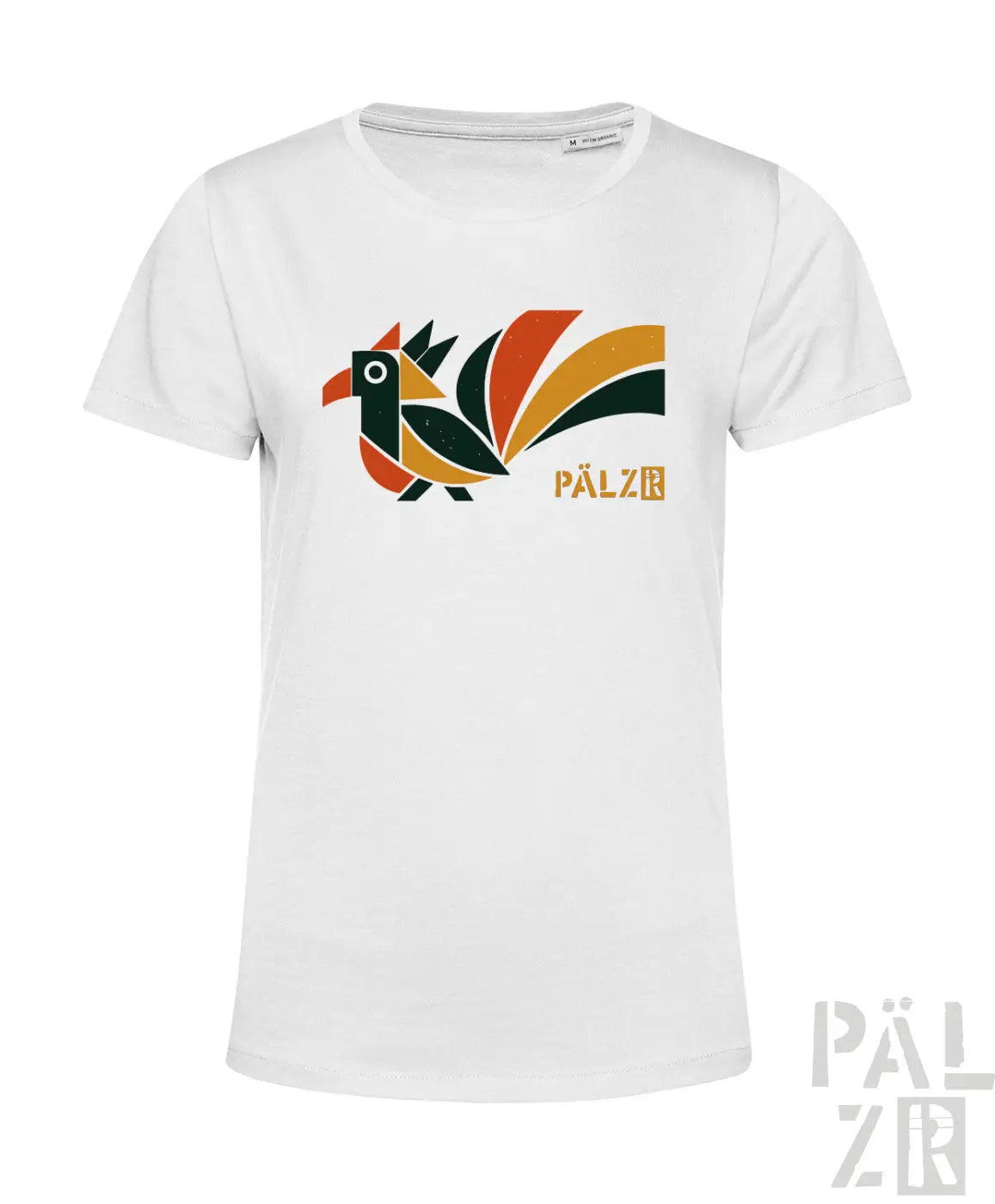 Weißes frauen t-shirt aus baumwolle mit buntem elwetritsche vogelmotiv in orange grün schwarz und pälzr markenname