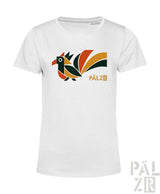 Weißes frauen t-shirt aus baumwolle mit buntem elwetritsche vogelmotiv in orange grün schwarz und pälzr markenname