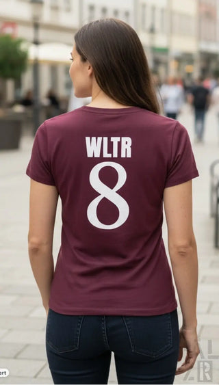 Frauen t-shirt aus baumwolle in maroon mit weißem wltr 8 aufdruck auf der rückseite in verschiedenen farben