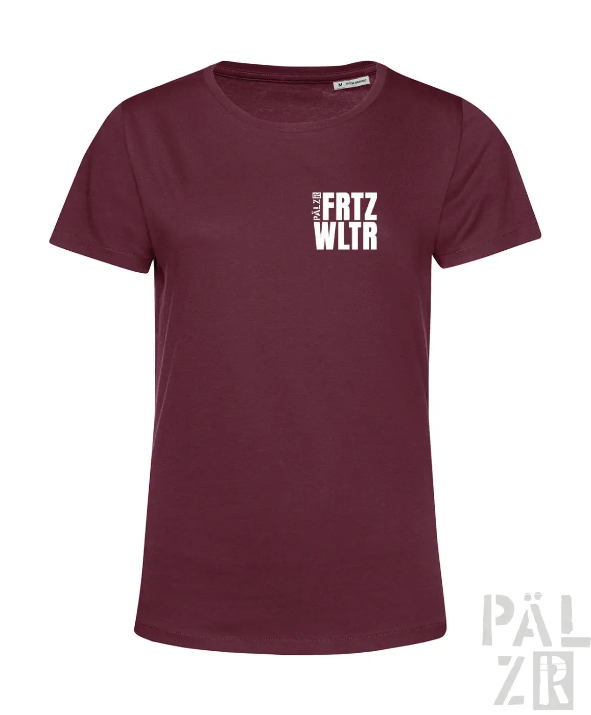 Maroon frauen t-shirt mit weißen vertikalen schriftzug auf der brust kurzärmelig aus baumwolle