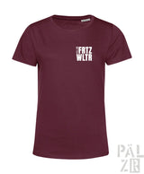 Maroon frauen t-shirt mit weißen vertikalen schriftzug auf der brust kurzärmelig aus baumwolle