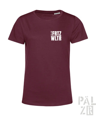 Maroon frauen t-shirt mit weißen vertikalen schriftzug auf der brust kurzärmelig aus baumwolle