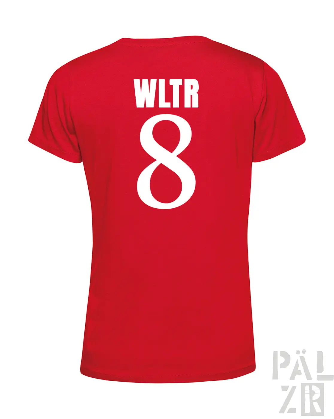 Rote baumwollfrauen t shirt mit weißem wltr 8 print auf der rückseite aus der frtz wltr acht kollektion
