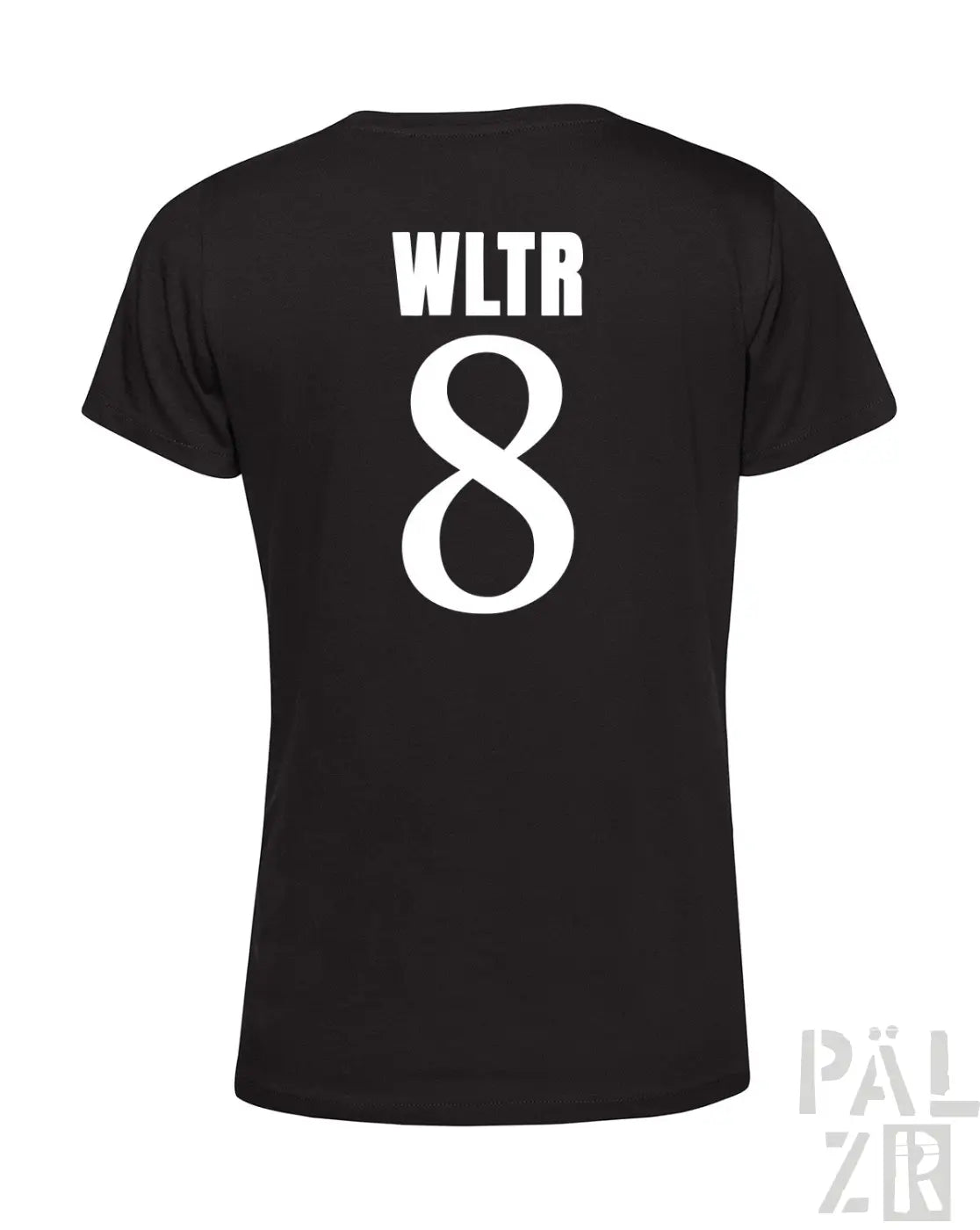 Schwarzes frauen t-shirt mit weißen wltr text und großer 8 auf der rückseite aus verschiedenen farben