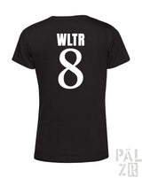 Schwarzes frauen t-shirt mit weißen wltr text und großer 8 auf der rückseite aus verschiedenen farben