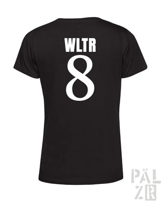 Schwarzes frauen t-shirt mit weißen wltr text und großer 8 auf der rückseite aus verschiedenen farben