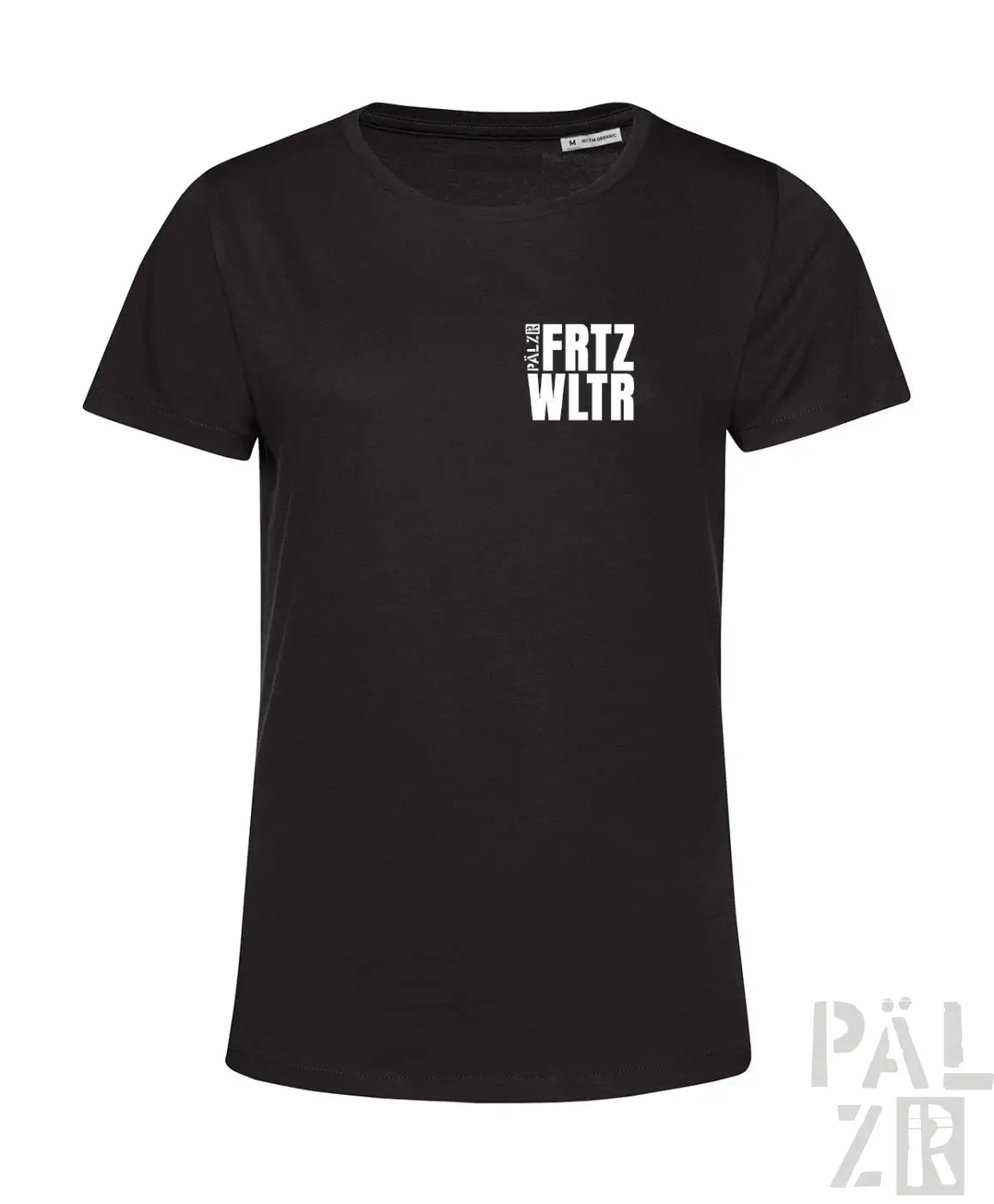 Schwarzes frauen t-shirt mit weißen vertikalen textprint links auf der brust aus verschiedenen farben erhältlich