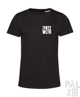 Schwarzes frauen t-shirt mit weißen vertikalen textprint links auf der brust aus verschiedenen farben erhältlich