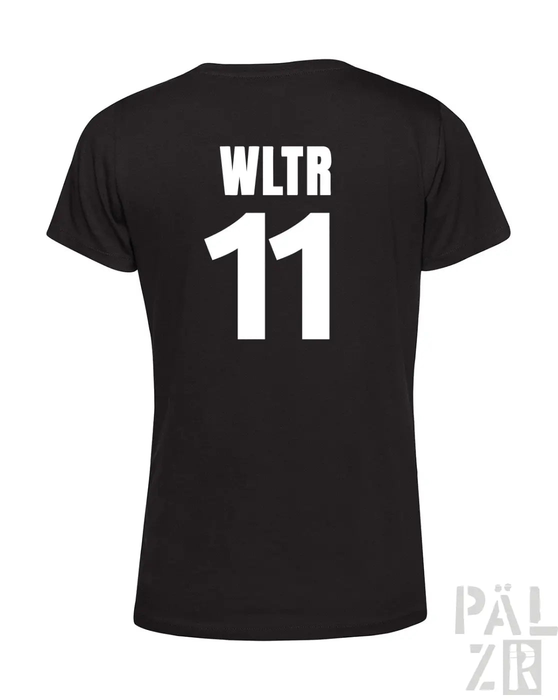 Schwarzes frauen t-shirt aus baumwolle mit kurzer ärmel und weißem wltr 11 print auf der rückseite