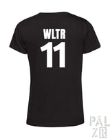 Schwarzes frauen t-shirt aus baumwolle mit kurzer ärmel und weißem wltr 11 print auf der rückseite
