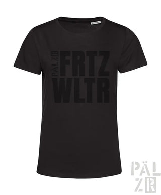 Schwarzes T-Shirt mit Textdesign ’fritz wlta’, aus Baumwolle gefertigt.
