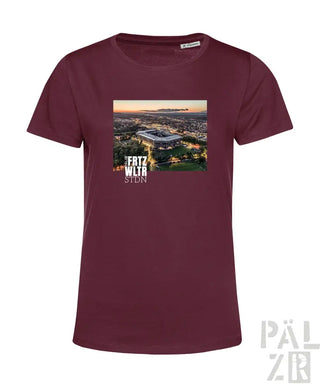 Bordeaux-Farbenes T-Shirt mit Stadion-Grafik und Textdesign.