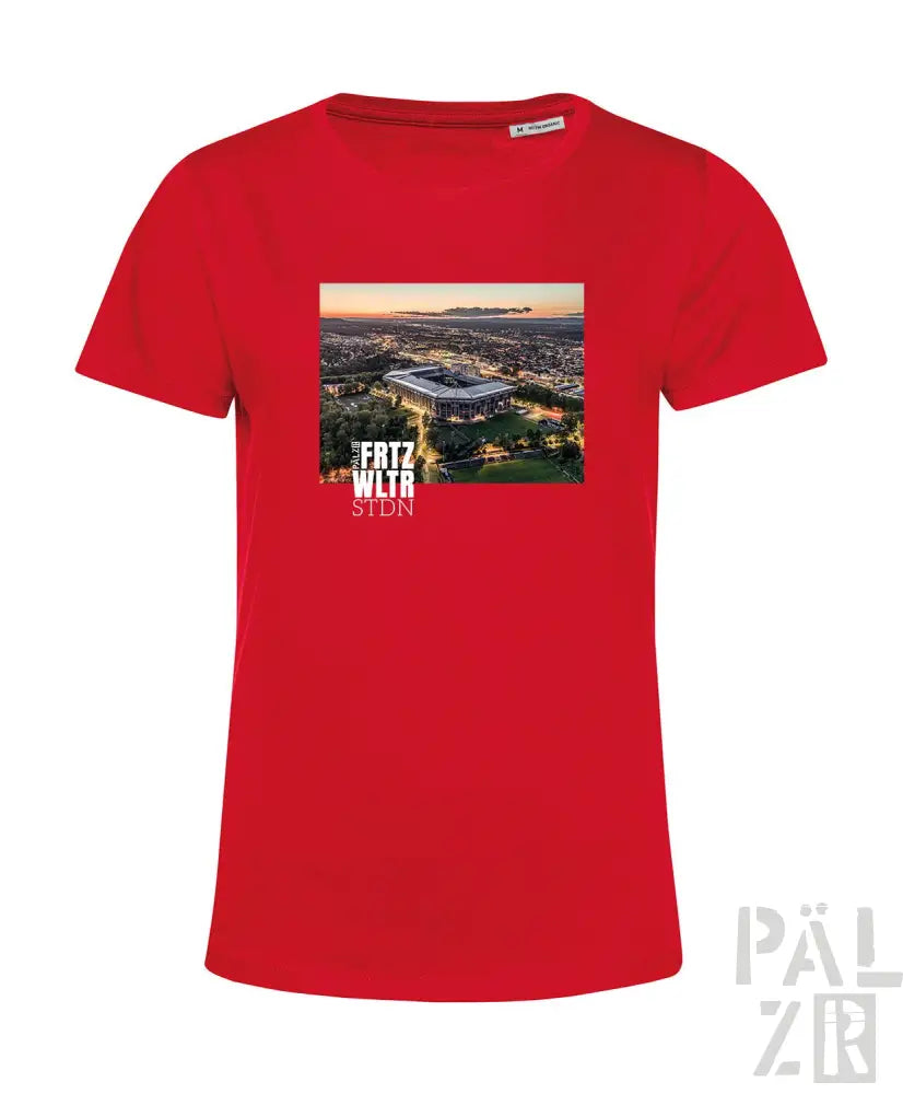 Rotes Baumwoll-T-Shirt mit Stadion-Grafik und Textdesign.