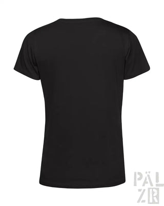 Schwarzes V-Ausschnitt-T-Shirt mit kurzen Ärmeln und einem einfachen Design.