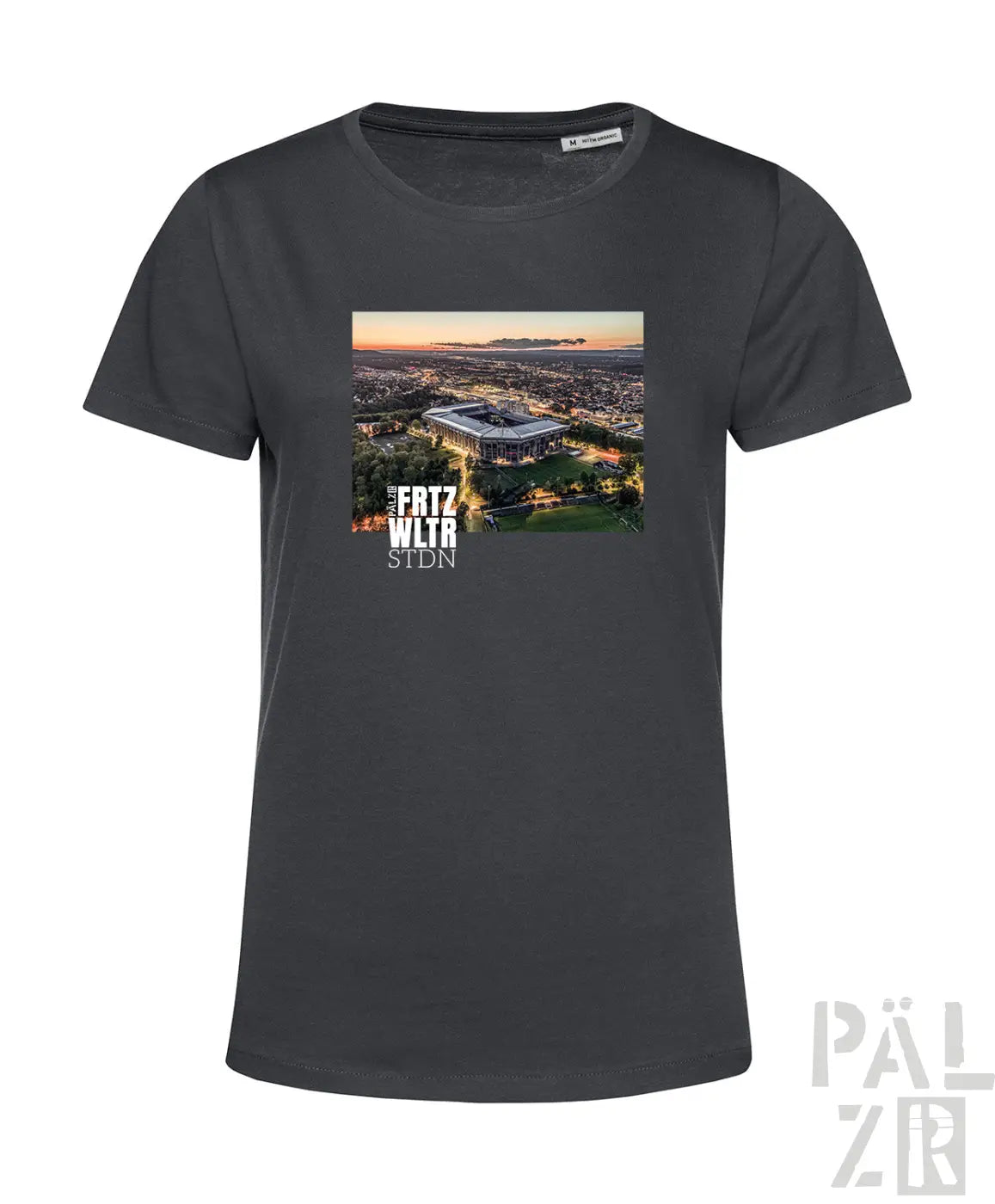 Dunkelgraues frauen t-shirt mit print des allianz arena stadions bei dämmerung und text the fritz wltr stdn