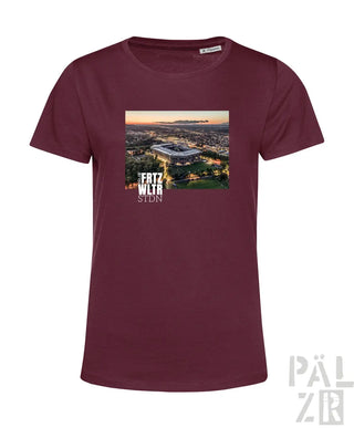 Maroon frauen t-shirt aus baumwolle mit grafik des allianz arena stadions bei dämmerung und frtz wltr stdn text