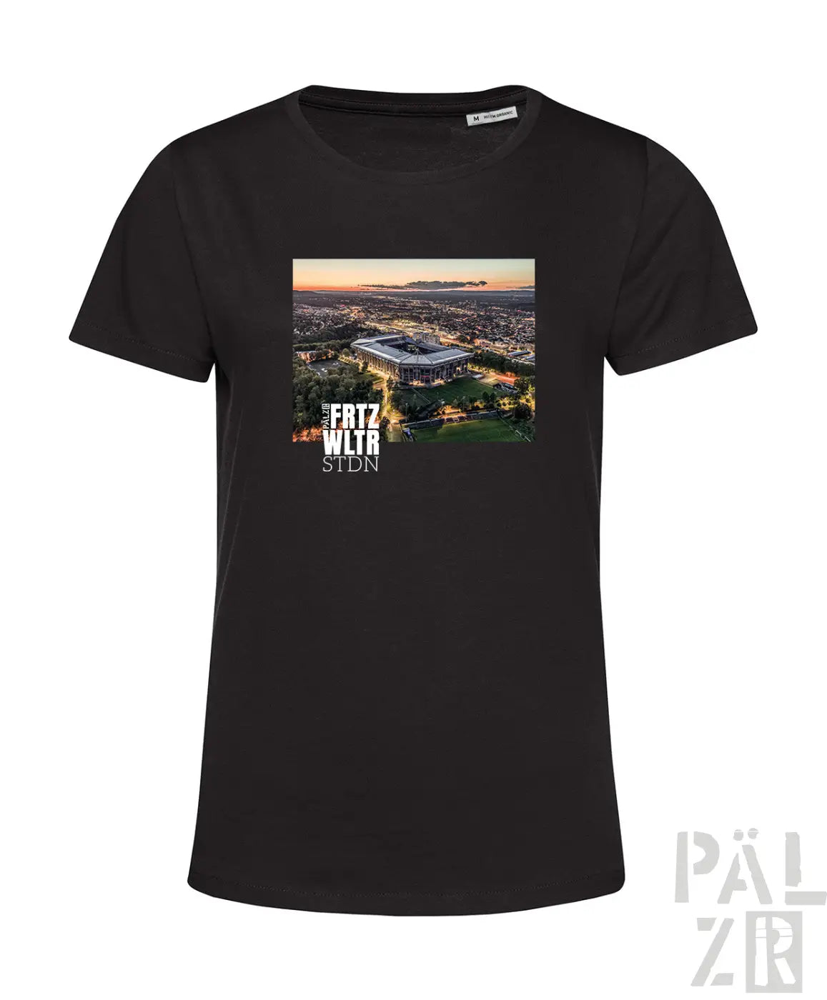 Schwarzes frauen t shirt mit allianz arena stadium sunset print und frtz wltr stdn text in verschiedenen farben