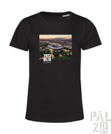 Schwarzes frauen t shirt mit allianz arena stadium sunset print und frtz wltr stdn text in verschiedenen farben