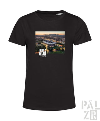 Schwarzes frauen t shirt mit allianz arena stadium sunset print und frtz wltr stdn text in verschiedenen farben